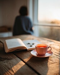 Pink Teacup On Wooden Table With Book In Sunlight