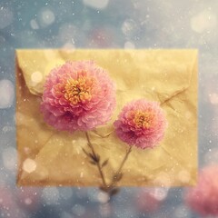 Vintage Envelope With Pink Chrysanthemum Flowers