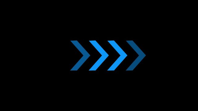 A series of bright blue chevron arrows progressing to the right with a fading effect against a black background representing digital movement and data flow in a clean abstract style