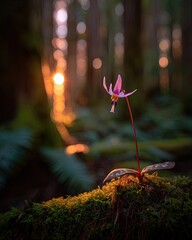 Pink Flower In Forest At Sunrise