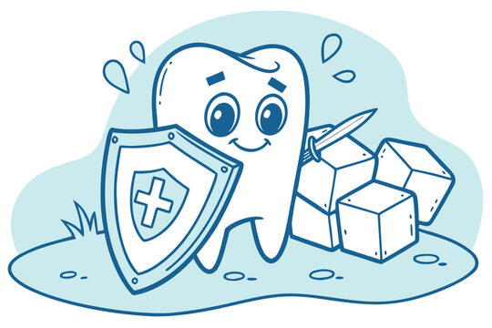 Cute cartoon tooth character protecting itself from ice cubes with a shield. dental health and cold sensitivity protection concept. vector illustration for dentistry and oral care.