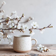 Spring Blossoms With Beige Mug On Rustic Wooden Table