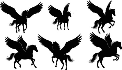 Obraz premium Pegasus Winged Horse Silhouette Collection Featuring Flying Mythical Creatures In Dynamic Poses, Minimal Black Vector Illustration Set For Fantasy, Mythology And Creative Design Projects