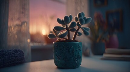 Teal Potted Succulent By Window At Sunset