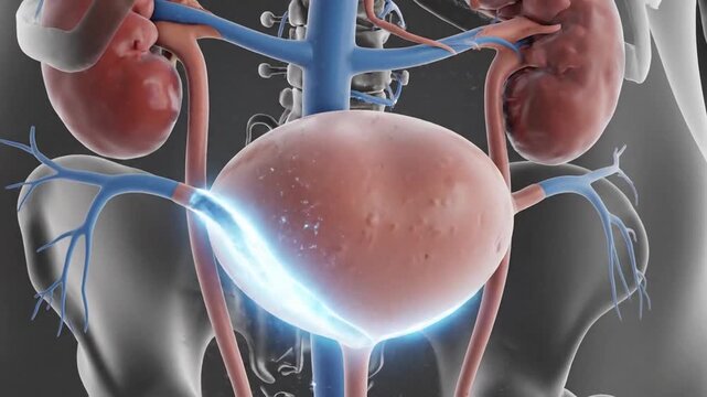 Detailed anatomical visualization of the male human urinary tract system including kidneys ureters bladder and urethra for medical education biological study and physiological science