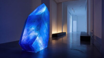 Blue Illuminated Crystal Sculpture In Modern Gallery Space