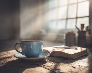 Cozy Morning Coffee Break With Sunlight And Book