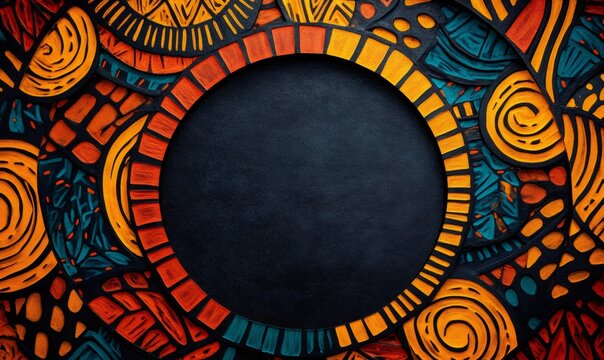 African cultural pattern featuring tribal symbols, traditional motifs, a vibrant ethnic mosaic, and a textured black background