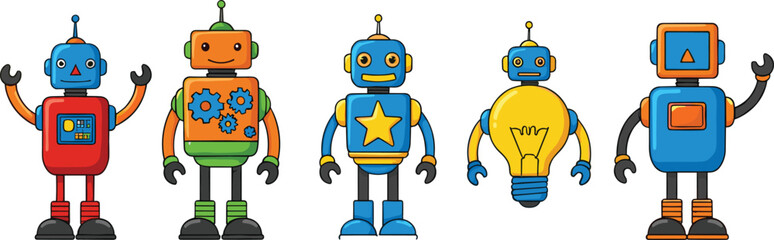 Obraz premium Colorful cartoon robots illustration, cute futuristic characters, mechanical toy design, artificial intelligence, technology concept, creative machine, friendly robotics art