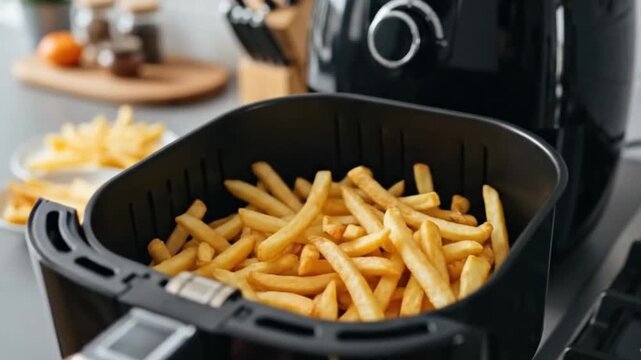 black electric air fryer on a kitchen countertop with an open drawer showing cooked french fries