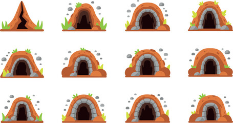 Fototapeta premium Cartoon Cave Entrance Icon Set with Rocky Underground Tunnels Flat Vector Illustration
