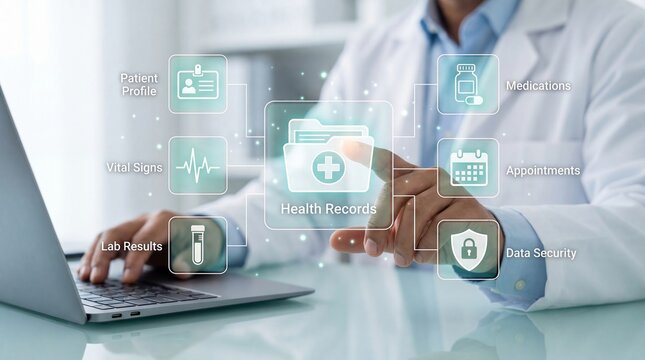 Doctor accessing secure electronic health records through digital healthcare interface while using laptop, virtual UI icons for clinical data, medications and patient information