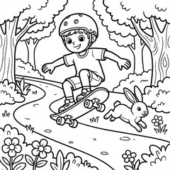 Naklejka premium Fun Coloring Page of Skateboarding Boy with Rabbit