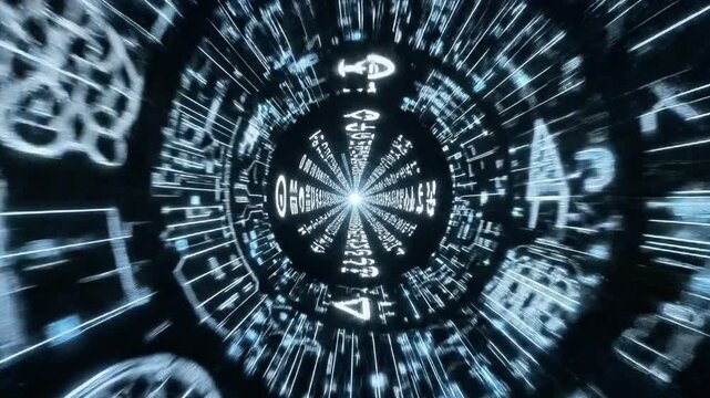 A spiral pattern of assorted symbols and letters on a dark background, glowing with a soft blue light