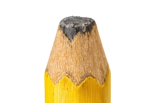 Close-up macro showing a worn, unsharpened pencil tip with exposed wood and dark graphite lead on a transparent background
