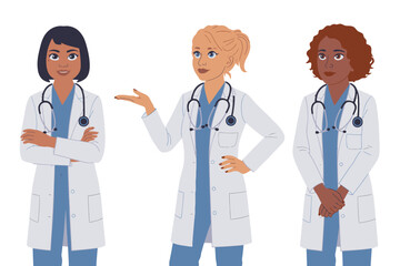 Fototapeta premium Three Diverse Female Doctors Professional and Friendly in Clean White Lab Coats Vector Illustration for Healthcare Representation.