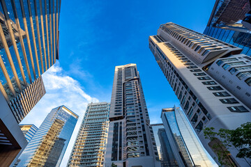 Naklejka premium Modern residential buildings seen from a low angle during dusk in Sao Paulo, Brazil.