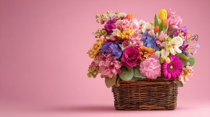 Obraz premium Colorful spring flower arrangement in a vibrant wicker basket with tulips, daisies, and seasonal blooms on soft pink background for home decor and floral inspiration