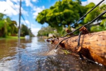 Fototapeta premium Power Pole Submerged in Floodwater After Storm with Blue Sky Above