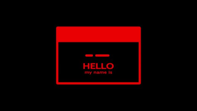 Minimalist red and black of a name tag with the words HELO and my name is displayed in a simple, clean font on a solid black background, representing introduction and identity
