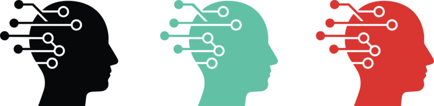 Artificial intelligence human head profile icon set with circuit connections representing brain technology innovation and digital thinking