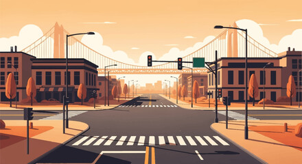 Obraz premium Evening city street illustration with sunset sky, quiet road, glowing streetlights and buildings from street level