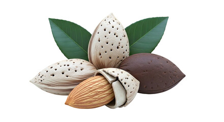 Almonds and Leaves on White Background