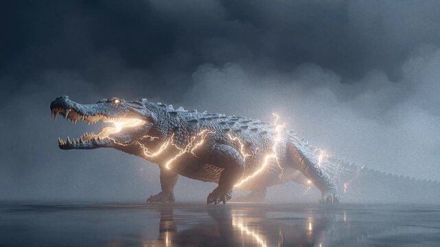 A fantastical, digitally created crocodile is depicted in a dramatic scene The large, menacing creature has dark scales, glowing yellow eyes, and an open mouth displaying sharp teeth - AI-Generated
