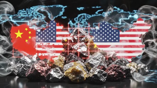 Conceptual representation rare earth mineral element symbolic geopolitical trade competition between China USA showcase chemical symbol against dark industrial background
