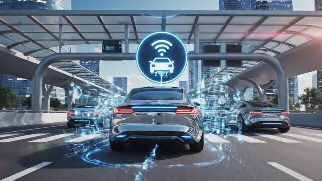 Futuristic Autonomous Electric Taxi Navigating Urban Cityscape with Advanced Artificial Intelligence Technology, Self-Driving Driverless Robotic Vehicle Symbolizing Modern Smart Transportation.