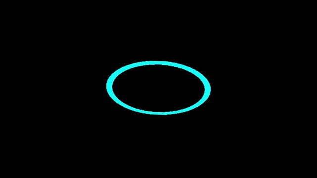 A bright cyan oval outline is centrally placed on a pure black background, presenting a simple, abstract geometric shape with a striking color contrast and a minimalist visual style