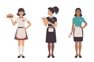 Fototapeta premium Diverse female waitresses in professional uniforms with friendly expressions in bright flat vector illustration for restaurant and hospitality services.