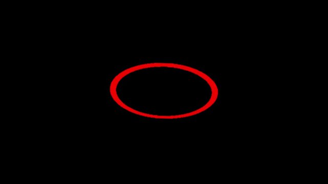 A vibrant red oval outline is centrally positioned against a deep black background, forming a simple, abstract geometric shape with a bold color contrast and a minimalist aesthetic