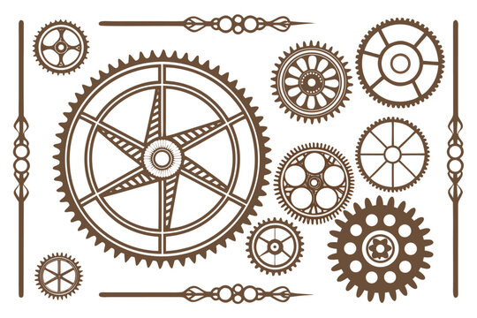 Steampunk gears and cogwheels vector set with ornamental dividers. vintage mechanical industrial illustration collection for design.