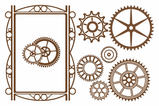 Vintage industrial gear set with ornate frame &ndash; retro machinery vector illustration, detailed cogs and clockwork design for mechanical, engineering, or steampunk projects