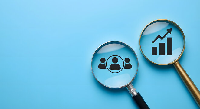 Magnifying glass focusing on human resources icons and a rising bar graph on a blue background representing talent search recruitment strategy business growth and workforce analysis