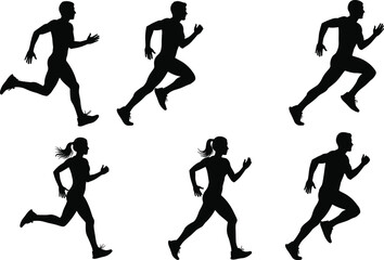 Obraz premium Running silhouette collection of male and female athletes in sprint motion isolated on white background for fitness, sport, training and active lifestyle concepts