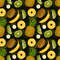 Vibrant Watercolor Tropical Fruit Collage With Playful Elements Suitable For Branding And Textiles