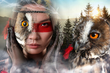 Fototapeta premium Shaman woman with her animal spirit in nature. Girl in native American Indian headdress, double exposure with owl