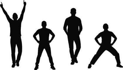 Set of Black Male Silhouettes Showing Confident Standing, Victory, Power, and Casual Poses, Representing Strength, Leadership, Success, Motivation, and Modern Lifestyle Concept