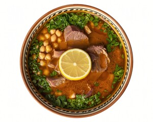 A rich and hearty traditional soup is presented in a decorative ceramic bowl with a fresh lemon slice at the center.