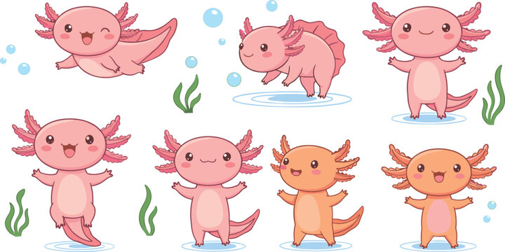 Set of cute axolotl cartoon vector illustrations in playful poses representing aquatic animals, underwater life and kids design concepts