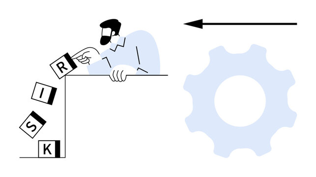 Risk management concept. Risk metaphorically with falling letters while a gear suggests processes or solutions. Risk management for business, strategy, workflow, problem-solving, planning