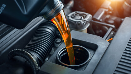 Obraz premium Pouring Fresh Engine Oil into a Car Engine for Maintenance.