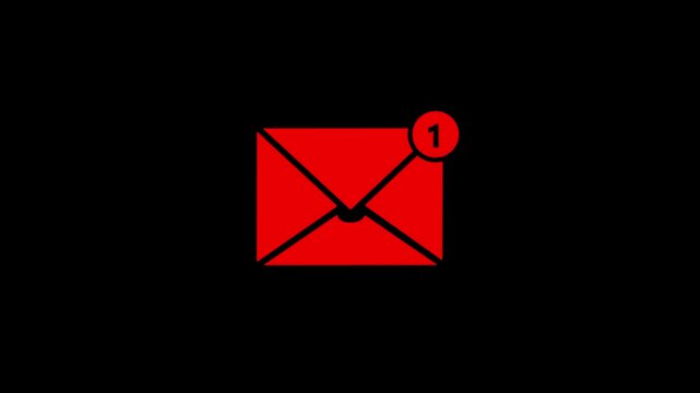 A vibrant red envelope with a notification badge showing the number one is prominently displayed on a solid black background, signifying a new email or message alert in a digital context