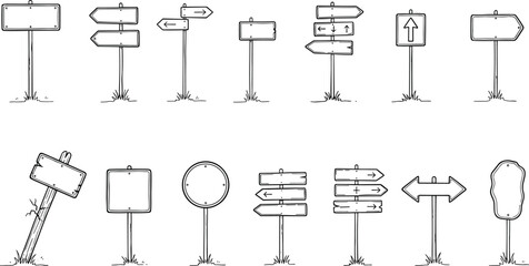 Hand drawn road signpost collection, blank direction signs arrows, vintage doodle traffic signage, navigation symbols, black white vector illustration set © MDALRAFIN