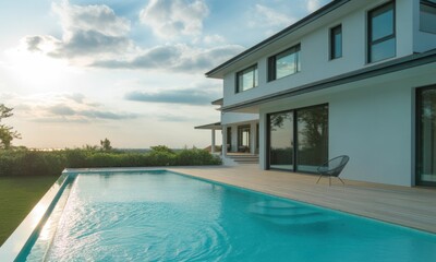 Fototapeta premium Modern house with pool and patio, sunlit exterior