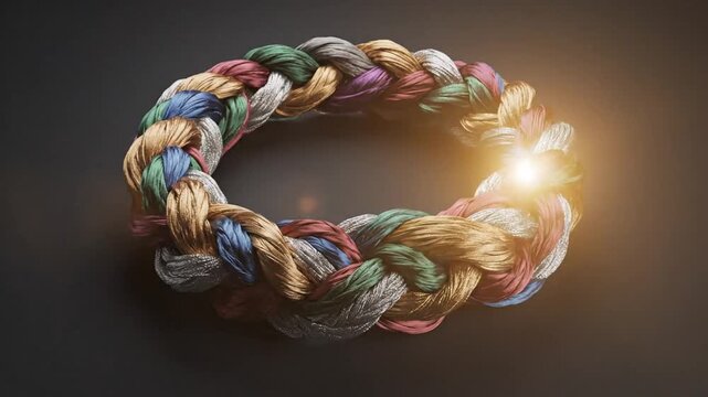 Abstract 4K cinematic visualization of united business team synergy where intertwined fibrous ropes form a seamless circular loop symbolizing corporate connection and strong partnership bond.