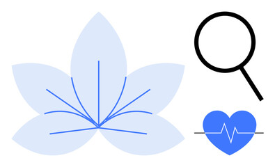 Obraz premium Abstract flower outline, magnifying glass, heartbeat heart symbol representing holistic health, mindfulness, and research. Ideal for wellness, healthcare, fitness, meditation balance diagnostics