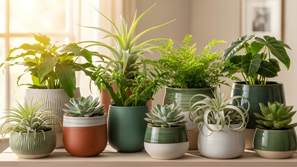 Indoor Houseplants in Modern Pots by Sunlit Window. Modern home decor concept featuring popular plants like succulents and leafy foliage, perfect for interior design and healthy living inspiration